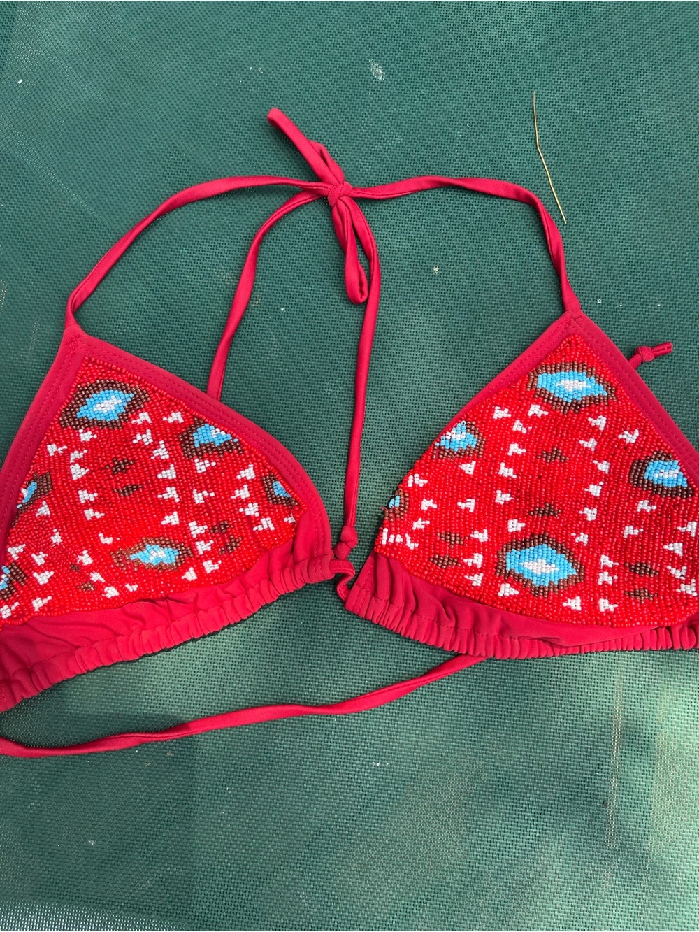 INCA WOMENS  Red HAND Beaded Triangle Swim Top - AZTEC DESIGN  SZ L, new